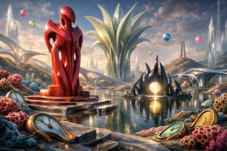 Surrealistische Zukunftslandschaft mit roter abstrakter Skulptur und schwarzem Lichtportal am Wasserufer. Im Vordergrund liegen geschmolzen wirkende Taschenuhren zwischen korallenartigen Formen. Futuristische Brücken und hohe Kristalltürme ziehen sich durch die Landschaft. Farbige Kugeln schweben über der friedlichen Szenerie.