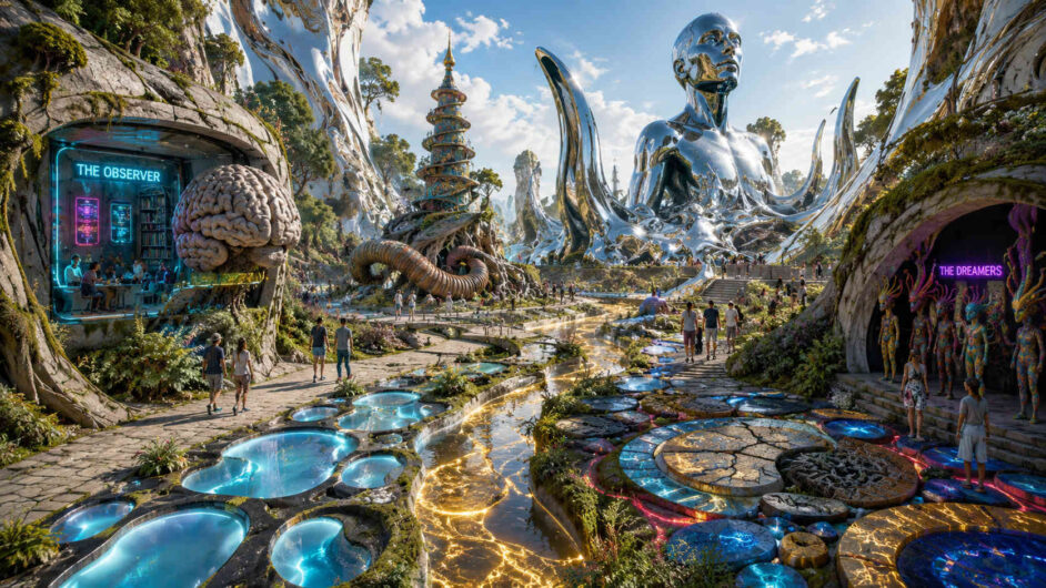 Eine gigantische futuristische Anlage voller spiegelnder Metallformen, Wasserbecken und organischer Architektur erstreckt sich unter blauem Himmel. Menschen spazieren durch Wege und Plätze, während riesige humanoide Skulpturen über der Landschaft thronen. Links befindet sich ein Gebäude mit der Aufschrift „The Observer“, daneben ein großes freiliegendes Gehirn als monumentales Objekt. Rechts leuchtet der Eingang „The Dreamers“ in violettem Licht und zeigt geheimnisvolle Figuren im Inneren. Goldene Lichtadern ziehen sich durch den Boden und verbinden die Welt wie ein lebendiges Nervensystem.