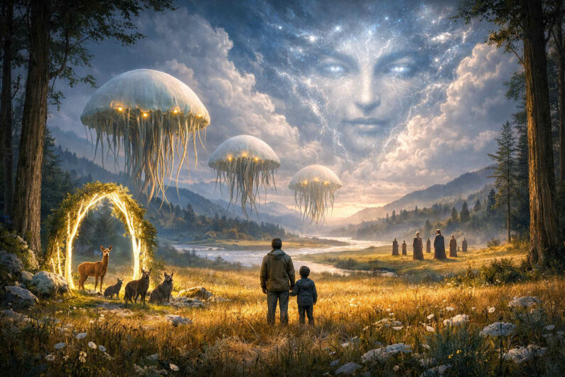 Gewaltiges kosmisches Gesicht erscheint zwischen Wolken und Sternen über einer weiten Flusslandschaft. Schwebende quallenartige Wesen gleiten lautlos durch den Himmel, während Menschen und Tiere auf einer Wiese stehen. Ein leuchtendes Portal aus Energie öffnet sich zwischen Bäumen am linken Bildrand. Die Szene verbindet Natur, Mythos und Science-Fiction zu einer traumartigen Vision.