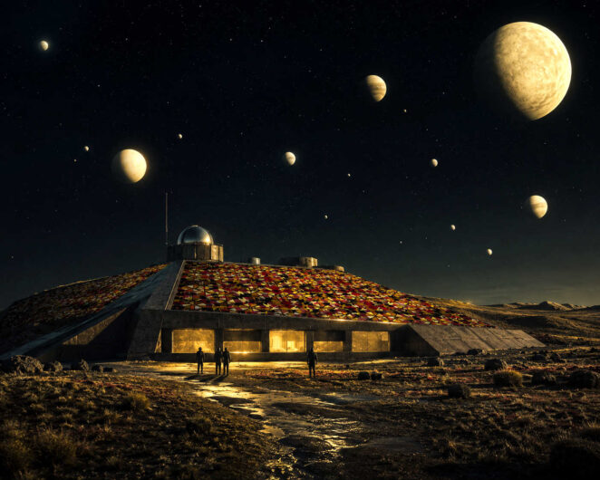 Eine futuristische Kuppelanlage liegt einsam in einer kargen Landschaft unter einem tiefschwarzen Himmel voller Planeten. Das Dach der Architektur ist mit bunten, mosaikartigen Mustern bedeckt, die warm im künstlichen Licht schimmern. Kleine menschliche Figuren stehen vor den beleuchteten Fenstern und wirken verloren in der Weite des fremdartigen Terrains. Über der Szene schweben zahlreiche Monde und Gasplaneten unterschiedlicher Größe. Die Mischung aus kosmischer Einsamkeit und menschlicher Präsenz erzeugt eine stille, beinahe religiöse Stimmung.