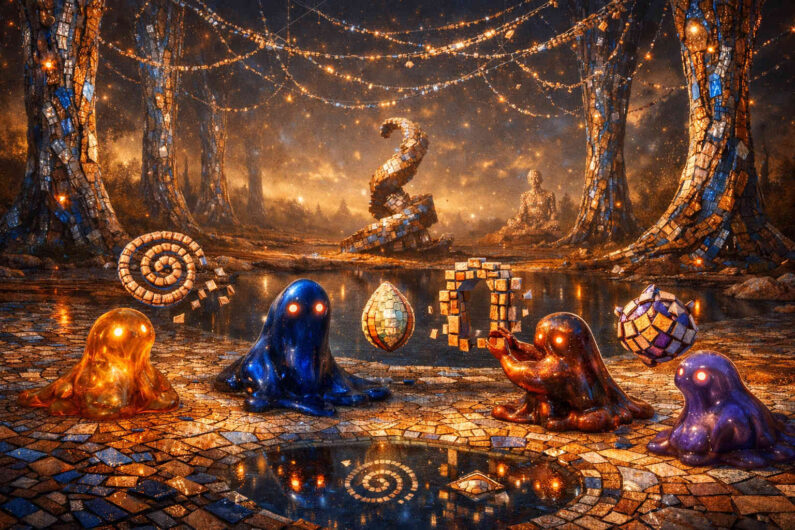 Kleine leuchtende Wesen sitzen an einem spiegelnden Wasserbecken in einer warmen nächtlichen Waldszene. Um sie schweben spiralförmige und geometrische Objekte aus Mosaiksteinen und Lichtfragmenten. Girlanden aus goldenen Lichtern hängen zwischen hohen Bäumen mit glitzernden Oberflächen. Im Hintergrund erscheinen abstrakte Skulpturen und eine sitzende Figur im Dämmerlicht.
