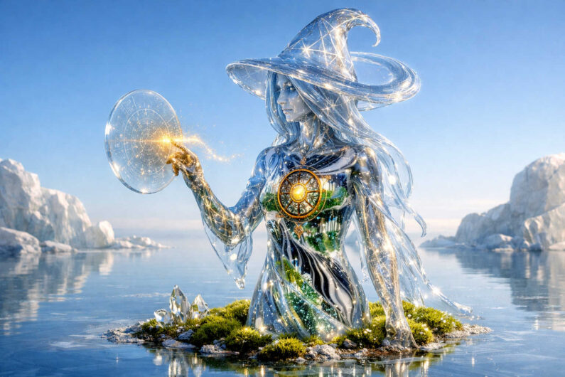 Eine gläsern wirkende Zauberin mit funkelndem Hut erhebt sich aus einer kleinen Insel zwischen Eislandschaften und ruhigem Wasser. In ihrer Hand schwebt eine leuchtende geometrische Scheibe voller magischer Zeichen. Lichtadern durchziehen ihren transparenten Körper wie kosmische Energie. Die Szene wirkt gleichzeitig eisig klar und voller stiller Magie.
