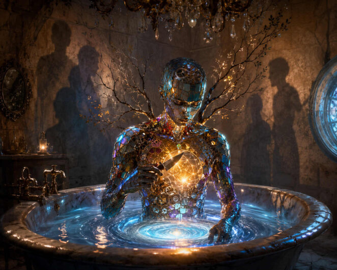 Eine humanoide Figur aus buntem Mosaikmaterial sitzt in einer alten Badewanne voller spiralförmig leuchtenden Wassers. In den Händen hält die Gestalt eine goldene Kugel, die von feinen Lichtadern durchzogen ist und den Raum erhellt. Hinter ihr werfen mehrere unscharfe Schatten menschlicher Figuren lange Konturen auf die Wände. Feine Zweige wachsen hinter dem Körper hervor wie ein metallischer Baum. Kristallene Tropfen hängen von einem Kronleuchter an der Decke und spiegeln das warme Licht wider. Die Atmosphäre wirkt zugleich mystisch, intim und leicht unheimlich, wie ein Ritual zwischen Erinnerung und Kosmos.