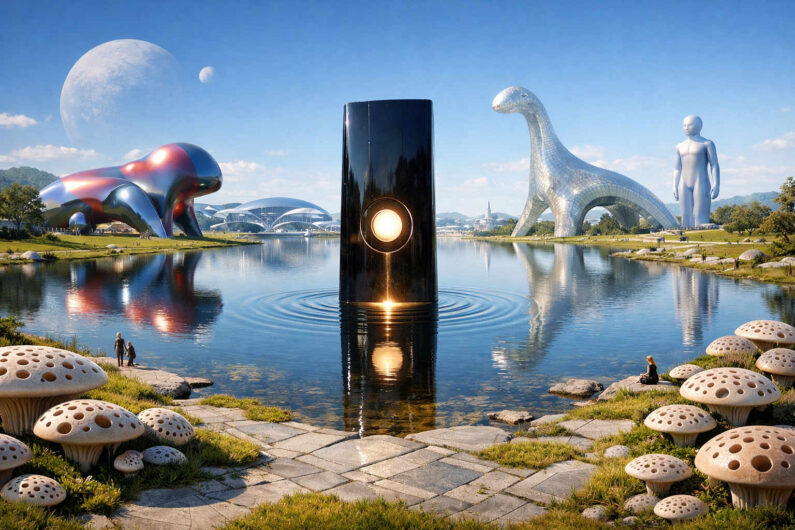 Ruhiger futuristischer See mit einem schwarzen, leuchtenden Monolithen im Zentrum, dessen Licht sich im Wasser spiegelt. Umgeben wird die Szene von surrealen Skulpturen, riesigen humanoiden Figuren und pilzartigen Formen entlang des Ufers. Helle Architektur, ferne Planeten am Himmel und klare Spiegelungen erzeugen eine friedliche, fremdartige Atmosphäre zwischen Science-Fiction und Traumlandschaft.