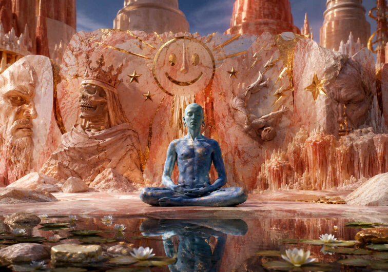 Vor rosafarbenen Marmorskulpturen sitzt eine blau leuchtende Figur meditierend an einem spiegelglatten Wasserbecken voller Seerosen. Hinter ihr erscheinen monumentale Köpfe, ein gekröntes Skelett und goldene Symbole, darunter ein lächelndes Gesicht mit strahlenförmigen Linien. Feine Lichtreflexe und tropfende Wachsformationen verleihen der Szene eine sakrale und gleichzeitig surreale Atmosphäre. Die Komposition verbindet Spiritualität, Tod und Ironie zu einer traumartigen Vision. Warme Gold- und Rosatöne dominieren die Szenerie und erzeugen eine fast überirdische Ruhe.