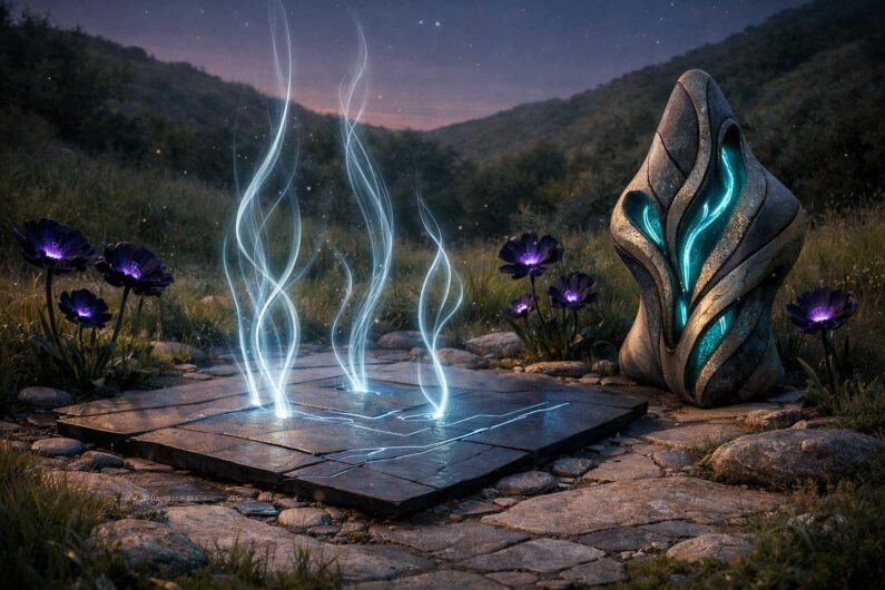 Dämmerige Wiesenlandschaft mit leuchtenden weißen Energiespiralen über einer steinernen Plattform. Daneben steht eine futuristische steinerne Skulptur mit blau leuchtenden Einschnitten. Dunkle violette Blumen umgeben den Platz in der Abendstimmung. Die Szene wirkt ruhig, geheimnisvoll und technologisch zugleich.