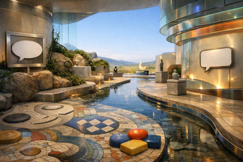 Futuristische Architektur mit geschwungenen Glasfassaden und schmalem Wasserkanal in einer offenen Landschaft. Große leere Sprechblasen schweben wie Zeichen über Skulpturen und Mosaikflächen im Innenhof. Bunte geometrische Formen liegen auf dem Boden neben reflektierenden Wasserflächen. Die Szene wirkt wie ein stilles Gespräch zwischen Kunst, Sprache und moderner Utopie.