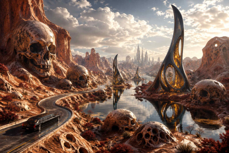 Eine schwarze Limousine fährt auf einer kurvigen Straße durch eine gigantische Canyonlandschaft voller riesiger Schädel- und Knochenformationen. Zwischen den roten Felsen liegen spiegelnde Wasserkanäle, in denen sich futuristische schwarze Türme mit goldenen Innenlichtern erheben. In der Ferne erscheint eine fremdartige Stadt aus schlanken Spitzen und metallischen Formen. Die warmen Farben der Landschaft kontrastieren mit den dunklen architektonischen Elementen und erzeugen eine bedrohlich-schöne Atmosphäre. Die Szene wirkt wie eine Reise durch eine vergessene Welt zwischen Tod und technologischer Wiedergeburt.