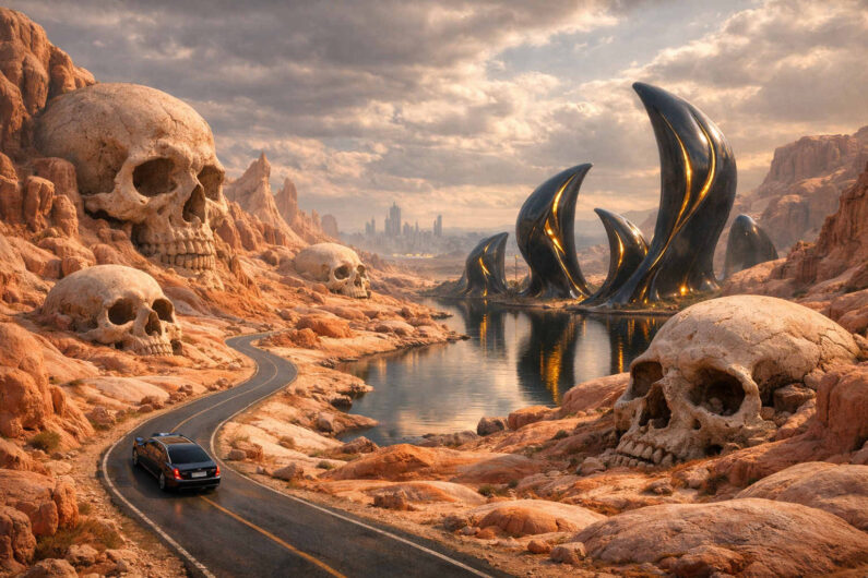 Einsame Straße führt durch eine rote Wüstenlandschaft voller gigantischer Totenschädel aus Stein. Schwarze glänzende Monolithen mit goldenen Lichtspalten stehen entlang eines stillen Wasserkanals. In der Ferne erhebt sich eine futuristische Stadt zwischen zerklüfteten Felsen. Dramatische Wolken verstärken die postapokalyptische Wirkung der Szene.