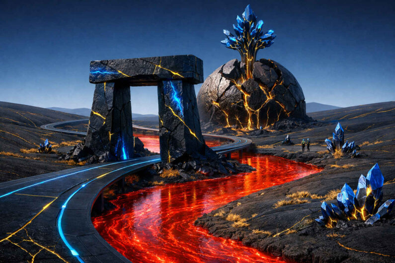 Eine futuristische Landschaft aus schwarzem Gestein wird von leuchtenden Lavaflüssen durchzogen. Monumentale Steinbögen und kristallartige Gebilde mit blauem Glanz ragen aus der Ebene hervor. Im Hintergrund scheint eine aufgebrochene Kugel aus Stein eine fremde Energie freizusetzen. Die kurvige Straße verbindet die archaische Welt mit einer hochentwickelten Zukunft.