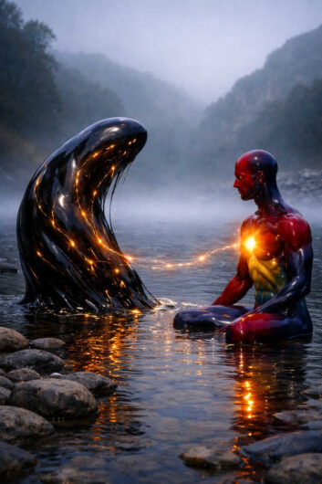 Ein rot-blau glänzender Mensch sitzt im flachen Wasser eines nebligen Flusses und blickt auf eine schwarze, organische Gestalt. Zwischen beiden spannt sich ein feines Netz aus goldenen Lichtimpulsen über die Wasseroberfläche. Runde Steine und diffuse Morgenstimmung verstärken die Ruhe der Szene. Das Bild wirkt wie ein stiller Austausch jenseits von Sprache.