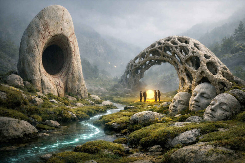 Neblige Gebirgslandschaft mit riesigen organischen Steinstrukturen und mehreren steinernen Köpfen am Boden. Vier Menschen stehen um eine leuchtende Kugel in der Mitte des Tales. Ein schmaler Wasserlauf zieht sich durch das moosige Gelände. Die Szene wirkt archaisch, still und symbolisch aufgeladen.