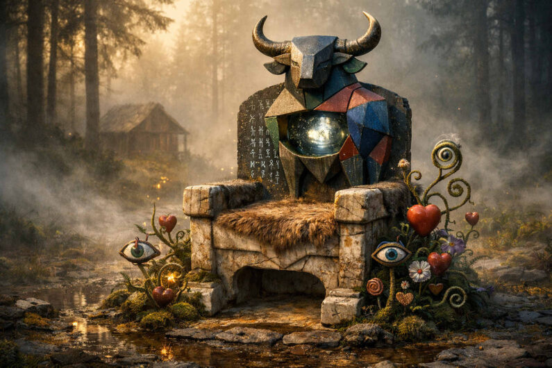 Polygonaler Stier mit Hörnern sitzt auf einem steinernen Thron in sumpfiger Waldlandschaft. Im Körper der Figur leuchtet eine kosmische Galaxie wie ein Fenster ins Universum. Rund um den Thron wachsen bizarre Pflanzenformen mit Augen und Herzen. Nebel, Runenzeichen und märchenhafte Details verleihen dem Bild eine surreale Symbolik.