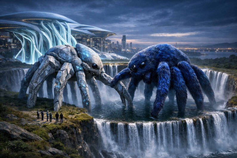 Riesige spinnenartige Kreaturen stehen sich über gewaltigen Wasserfällen gegenüber, eine aus hellem Stein und eine mit blauem Fell bedeckt. Im Hintergrund erhebt sich eine futuristische Stadt mit leuchtenden Energieadern. Kleine menschliche Figuren beobachten die gigantischen Wesen vom Rand der Klippen aus. Die Komposition verbindet Science-Fiction, Naturgewalten und monumentale Fantasie.