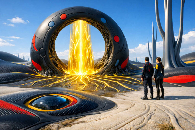 Zwei Menschen stehen vor einem gewaltigen ringförmigen Portal, aus dessen Mitte goldene Energie strömt. Schwarze biomorphe Oberflächen mit roten und blauen Akzenten formen eine futuristische Landschaft. Feine leuchtende Linien ziehen sich über den Boden wie elektrische Adern. Die helle Umgebung wirkt zugleich steril, fremdartig und monumental.