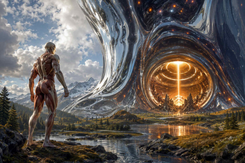 Muskulöse menschliche Figur blickt auf ein gigantisches glänzendes Portal aus flüssig wirkendem Metall. Im Zentrum der Struktur leuchtet ein kreisförmiger Energieraum mit goldener Lichtquelle. Die Landschaft besteht aus Flüssen, Bergen und grünen Ebenen unter dramatischen Wolken. Die monumentale Architektur wirkt wie ein kosmischer Eingang zu einer anderen Dimension. Das Bild verbindet klassische Körperlichkeit mit überwältigender Science-Fiction-Ästhetik.