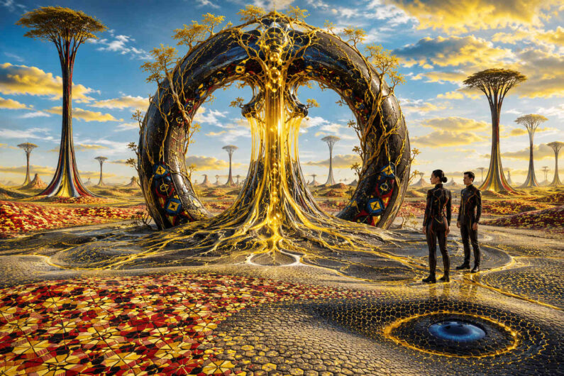 Mitten in einer weiten Landschaft erhebt sich ein gigantischer ringförmiger Torbogen aus schwarzem Material, durchzogen von goldenen Lichtadern. Aus seiner Mitte fließt leuchtende Energie wie geschmolzenes Sonnenlicht in den Boden hinab. Zwei Menschen in dunklen futuristischen Anzügen stehen davor und betrachten das monumentale Gebilde. Der Boden besteht aus mosaikartigen Mustern in warmen Rot-, Gelb- und Schwarztönen, während schlanke baumartige Formen bis zum Horizont reichen. Die Szene wirkt gleichzeitig archaisch und futuristisch, wie ein Portal in eine unbekannte Welt.