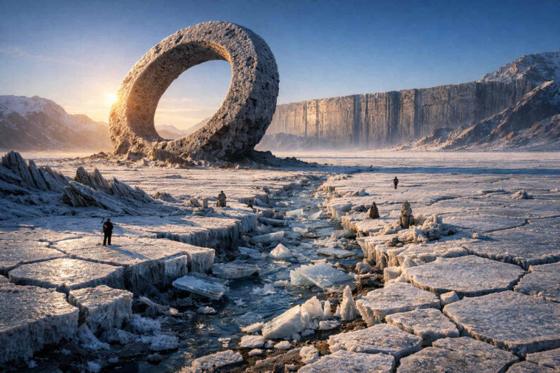 In einer eisigen Landschaft erhebt sich ein riesiger ringförmiger Monolith aus rauem Gestein über zerbrochenen Eisplatten. Kleine Menschen verteilen sich in der weiten weißen Ebene und erscheinen winzig vor der monumentalen Struktur. Ein schmaler Wasserlauf zieht sich durch das gefrorene Terrain. Kaltes Morgenlicht verstärkt die stille Fremdartigkeit der Szene.