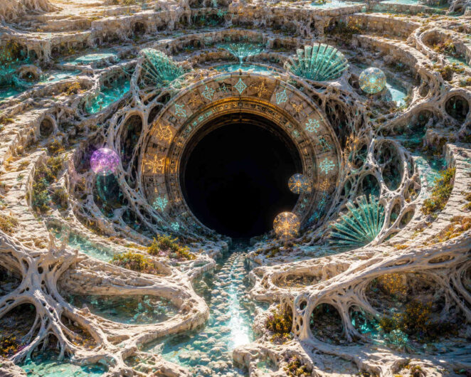 Aus einem Geflecht aus porösen, knochenartigen Strukturen öffnet sich ein riesiges schwarzes Rundportal im Zentrum einer labyrinthartigen Landschaft. Türkisfarbene Wasserkanäle durchziehen die organischen Formen und reflektieren das helle Sonnenlicht. Rund um das Portal schweben leuchtende Kugeln mit geometrischen Mustern und verstärken die mystische Wirkung der Szene. Die Architektur erinnert an eine Mischung aus Korallenriff, Tempel und außerirdischer Maschine. Trotz der Fremdartigkeit wirkt die Umgebung ruhig und fast zeremoniell geordnet.