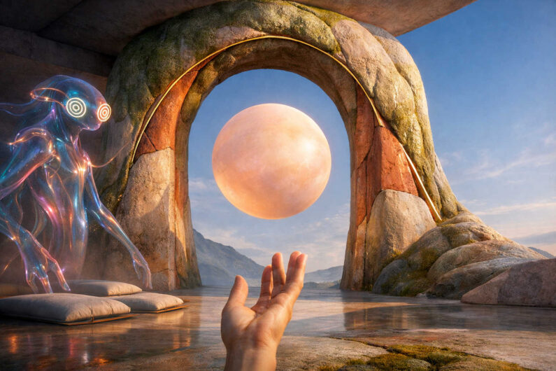 Durch einen großen steinernen Torbogen schwebt ein riesiger rosafarbener Mond über einer ruhigen Landschaft. Im Vordergrund streckt sich eine menschliche Hand nach der Kugel aus, während links eine transparente, leuchtende Gestalt mit kreisförmigen Augen steht. Der Raum wirkt minimalistisch und meditativ. Die Szene verbindet Science-Fiction mit spiritueller Symbolik.