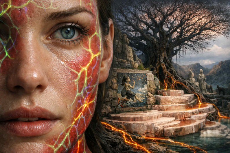 ahaufnahme eines weiblichen Gesichts mit leuchtenden rissartigen Mustern auf der Haut und einer einzelnen Träne im Auge. Im Hintergrund wächst ein riesiger dunkler Baum über steinernen Terrassen und fließenden Lichtadern. Alte Statuen und ein Mosaikbild verstärken die mystische Stimmung. Die Szene verbindet emotionale Intimität mit einer düsteren Fantasielandschaft.