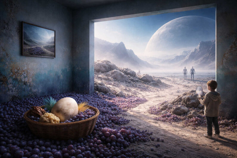 Ein kleines Kind steht in einem dunklen Raum voller violetter Beeren und blickt durch eine riesige Öffnung auf eine fremde Mondlandschaft. Zwei helle humanoide Gestalten gehen durch die staubige Ebene unter einem gewaltigen Planeten am Himmel. Ein Korb mit seltsamen Objekten steht im Vordergrund neben dem Kind. Die Szene wirkt zugleich märchenhaft, einsam und kosmisch entrückt.