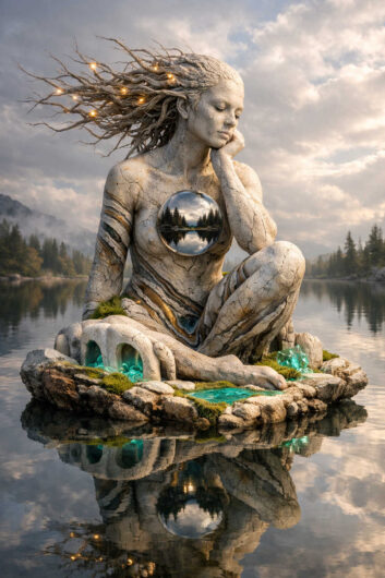 Eine weibliche Statue aus hellem, rissigem Stein sitzt auf einer kleinen Insel inmitten eines stillen Sees. In ihrer Brust schimmert eine Glaskugel mit einer Waldlandschaft, während aus ihrem Haar wurzelartige Stränge mit kleinen Lichtpunkten wachsen. Türkis leuchtende Kristalle und Wasserbecken umgeben die Figur. Spiegelungen im Wasser und dramatische Wolken erzeugen eine melancholisch-poetische Atmosphäre.