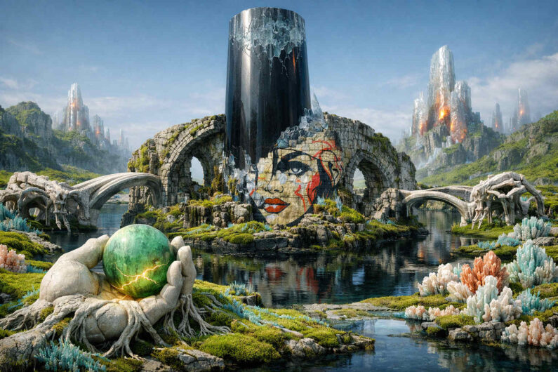 Fantastische Ruinenlandschaft mit Brücken, stillen Wasserflächen und einem hohen dunklen Monolithen im Zentrum. Auf einer Steinwand erscheint das Gesicht einer stilisierten Frau wie ein verblasstes Wandbild. Im Vordergrund hält eine große steinerne Hand eine grüne leuchtende Kugel. Helle Kristallformationen und entfernte Türme verleihen der Szene eine mystische Weite.