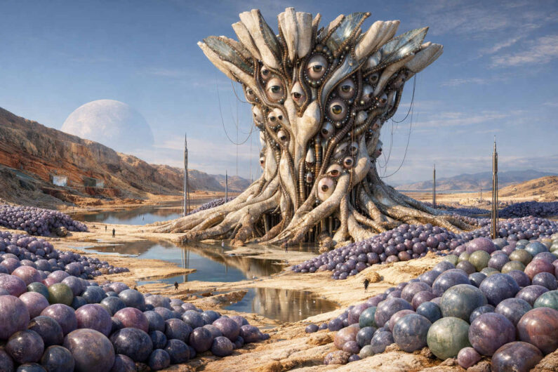 Monumentale organische Struktur voller Augen erhebt sich in einer trockenen Wüstenlandschaft. Rund um das Gebilde liegen zahlreiche schimmernde Kugeln in violetten und grauen Farbtönen verstreut. Kleine Menschen erscheinen winzig neben dem gigantischen Bauwerk. Die Szene verbindet biologische Formen mit fremdartiger