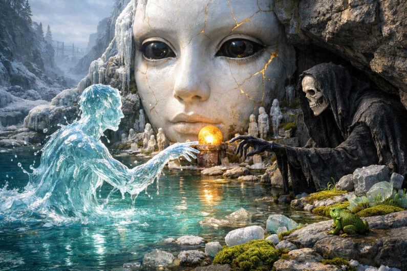 Skelettartige Gestalt in schwarzer Kutte reicht einer transparenten Wasserfigur eine leuchtende goldene Kugel über einem eisigen Fluss. Im Hintergrund dominiert ein riesiges kindliches Gesicht aus Stein die Landschaft. Kleine steinerne Figuren sitzen in Höhlen und Nischen der frostigen Felsen. Das Bild verbindet Tod, Leben und Transformation in einer surrealen Winterwelt.