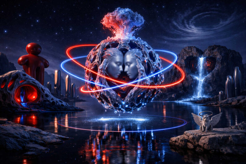 Kosmische Fantasieszene mit schwebender Kugel, in der zwei silberne Gesichter einander berühren, umkreist von roten und blauen Lichtbahnen. Unter sternenklarem Himmel spiegeln sich Wasserfälle, Felsen und leuchtende Formen in dunklem Wasser. Seltsame Skulpturen und ein geflügeltes Wesen rahmen die zentrale Vision ein. Das Bild wirkt wie ein Symbol für Verbindung, Energie und universelle Harmonie.