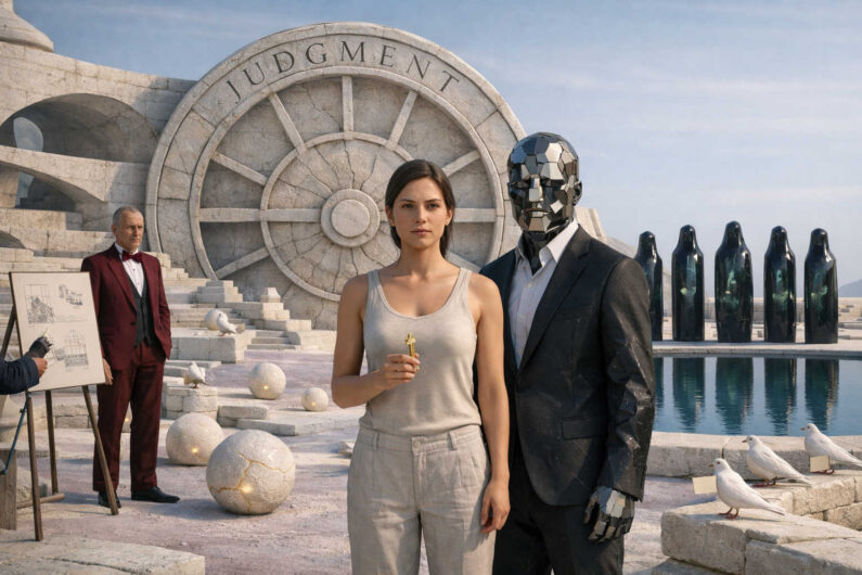 Eine Frau steht neben einer humanoiden Figur mit spiegelnder geometrischer Maske vor einer monumentalen Steinarchitektur. Hinter ihnen befindet sich ein großes rundes Rad mit der Aufschrift „Judgment“. Weiße Vögel sitzen am Rand eines Wasserbeckens, während weitere Personen im Hintergrund Skizzen betrachten. Die Szene wirkt wie ein symbolisches Tribunal zwischen Menschlichkeit und künstlicher Identität.