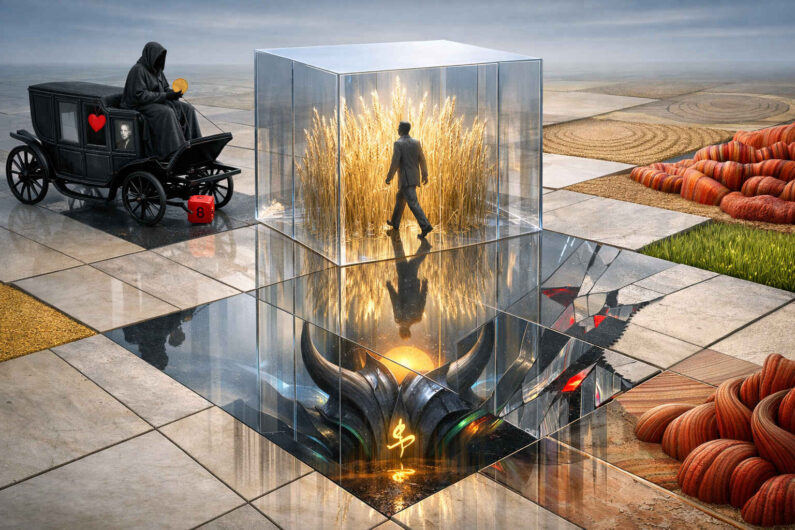 Futuristische Szenerie mit einem gläsernen Würfel voller goldener Ähren, durch den ein Mann schreitet. Daneben steht eine schwarze Kutsche mit verhüllter Gestalt und seltsamen Symbolen. Unter spiegelnden Glasflächen erscheint ein hornartiges Wesen mit leuchtenden Zeichen. Ringsum liegen geometrische Felder und organisch wirkende Landschaftsformen in surrealer Weite.