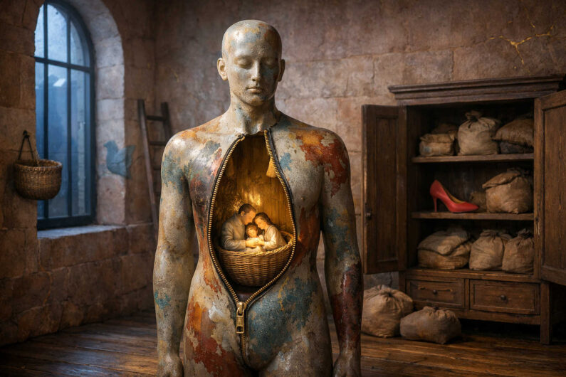 Menschliche Statue mit geöffnetem Oberkörper steht in einem alten steinernen Raum voller Säcke und Möbel. Im Inneren der Figur sitzt eine kleine Familie mit Kind in warmem Licht wie in einem geschützten Nest. Eine einzelne rote Schuhsilhouette im Schrank erzeugt einen irritierenden Akzent. Die Szene wirkt zugleich intim, surreal und symbolisch aufgeladen.