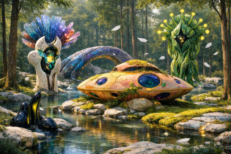 Runde futuristische Kapsel mit bunten Fenstern liegt zwischen Bäumen an einem klaren Fluss. Kristallartige Monumente und organische Wesen rahmen die Szene ein. Im Hintergrund spannt sich eine große geschwungene Struktur über das Wasser. Sonnenlicht und leuchtende Details erzeugen eine märchenhafte Science-Fiction-Stimmung.