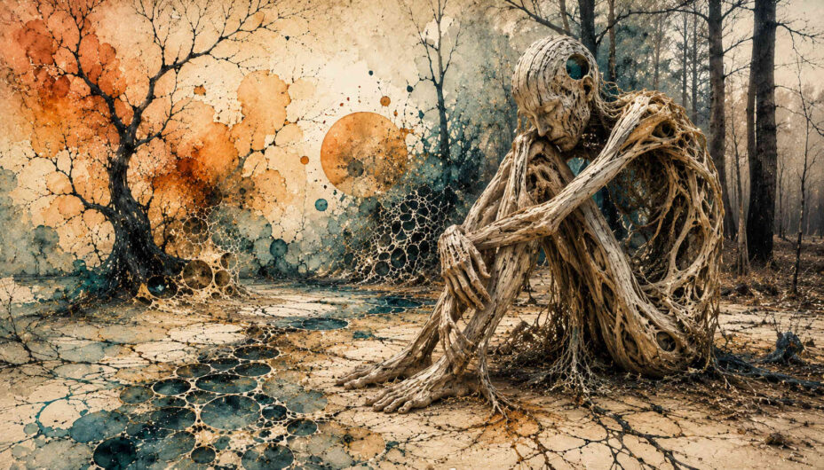 Einsame humanoide Gestalt aus verwobenen Holz- und Wurzelstrukturen sitzt nachdenklich in einer surrealen Waldlandschaft. Der Boden ist von organischen Blasenmustern und dunklen Adern durchzogen, während orangefarbene und türkisfarbene Flecken wie flüssige Tinte wirken. Kahle Bäume rahmen die melancholische Szene ein und verleihen ihr eine traumartige, fragile Atmosphäre. Die Figur wirkt zugleich menschlich, pflanzlich und zerfallend.