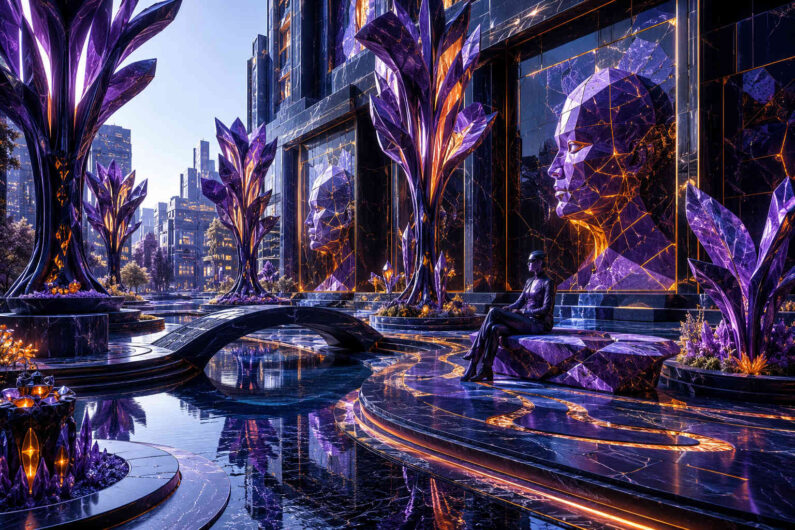 Eine futuristische Stadtlandschaft wird von riesigen violetten Kristallbäumen und spiegelnden Gebäuden dominiert. In den Fassaden erscheinen stilisierte menschliche Gesichter aus leuchtenden geometrischen Linien und violettem Glas. Wasserflächen und geschwungene Wege reflektieren die intensive Farbwelt aus Lila, Gold und Schwarz. Eine einzelne sitzende Person verstärkt die stille, kontemplative Atmosphäre des Bildes. Die Szenerie verbindet elegante Science-Fiction-Architektur mit organischen Kristallformen und wirkt wie ein friedlicher Tempel einer zukünftigen Zivilisation.