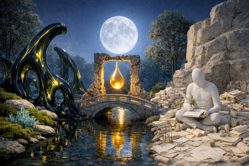Traumhafte nächtliche Landschaft mit einem steinernen Tor, unter dem ein goldener Tropfen schwebt. Ein weißes gesichtsloses Wesen sitzt zwischen Büchern und Schriftrollen am Wasser und liest. Im Hintergrund leuchtet ein riesiger Vollmond über Felsen und Bäumen. Dunkle organische Skulpturen spiegeln sich im ruhigen Fluss.