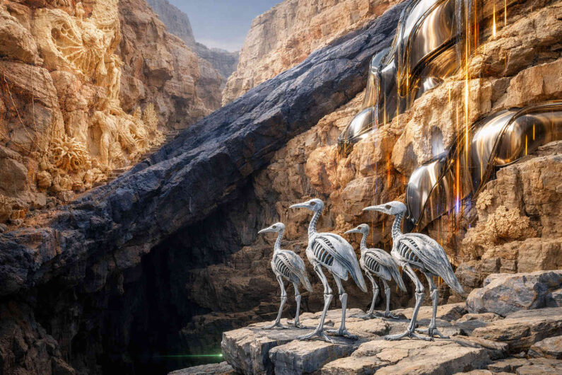 Vier metallische vogelartige Wesen stehen am Rand einer tiefen Schlucht in einer felsigen Canyonlandschaft. Riesige glänzende schwarze Strukturen fließen wie Metall an den Felswänden entlang. Im Hintergrund sind organische Reliefs und leuchtende goldene Linien sichtbar. Die Szene wirkt wie eine Begegnung zwischen uralter Mythologie und futuristischer Technologie.