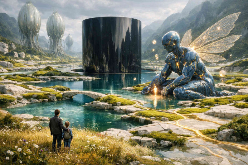 Fantastische Landschaft mit türkisfarbenen Wasserläufen, steinernen Brücken und einem riesigen schwarzen Zylinder inmitten eines Tales. Rechts sitzt ein leuchtendes geflügeltes Wesen mit blauer, rissiger Haut am Ufer. Im Vordergrund betrachten ein Mann und ein Kind die surreale Szene. Im Hintergrund ragen organisch wirkende Türme aus der Landschaft empor.