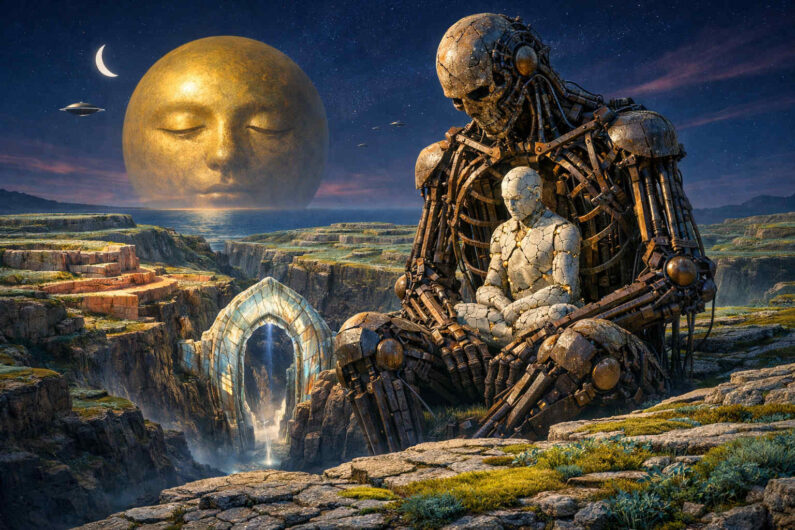 Gewaltiger mechanischer Humanoid sitzt in einer felsigen Schlucht und hält eine kleinere steinerne Figur schützend im Arm. Im Hintergrund schwebt ein gigantisches goldenes Gesicht über dem Meer unter einem nächtlichen Himmel. Zwischen den Felsen öffnet sich ein leuchtendes Portal mit Wasserfall. Das Bild erzeugt eine Mischung aus Melancholie, Monumentalität und futuristischer Mystik.