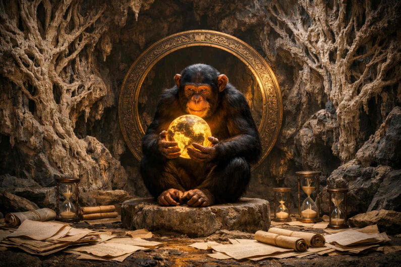 Schimpanse sitzt in einer düsteren Höhle auf einem steinernen Sockel und hält eine glühende goldene Kugel in den Händen. Hinter ihm befindet sich ein ornamentaler Kreis aus Metall. Alte Schriftrollen, Papiere und mehrere Sanduhren liegen auf dem Boden verteilt. Warmes Licht beleuchtet das Fell des Tieres und die zerklüfteten Höhlenwände.