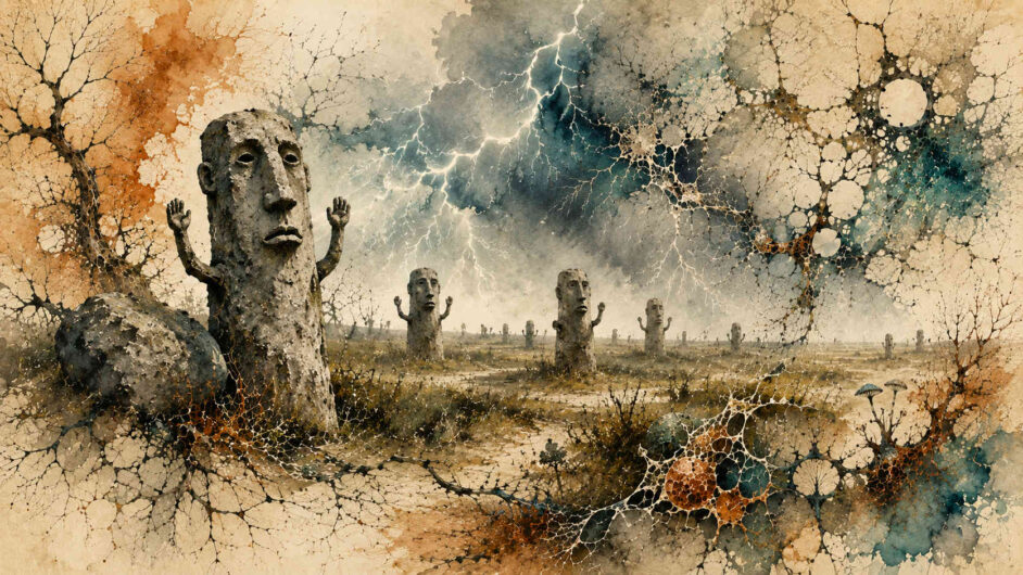 Surreale Landschaft mit monumentalen steinernen Figuren, deren Arme erhoben sind wie in einer stummen Beschwörung. Über der Ebene entlädt sich ein greller Blitz vor einem Himmel voller abstrakter netzartiger Strukturen und organischer Muster. Die Umgebung wirkt trocken und verlassen, während bizarre Formen wie mikroskopische Zellstrukturen den Himmel überziehen. Kleine Pilze und kahle Vegetation verstärken den Eindruck einer fremdartigen Welt. Das Bild verbindet expressionistische Malerei mit surrealen Texturen und geologischen Formen.