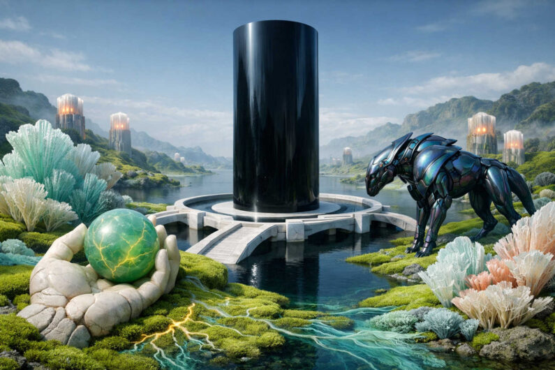 Futuristische Landschaft mit glattem schwarzem Monolithen inmitten eines Wasserbeckens und heller kristalliner Vegetation. Eine steinerne Hand hält im Vordergrund eine grün leuchtende Kugel voller Energieadern. Rechts steht ein metallisches tierähnliches Wesen und blickt auf das Monument. Die ruhige Szenerie verbindet Science-Fiction-Ästhetik mit mystischer Symbolik.