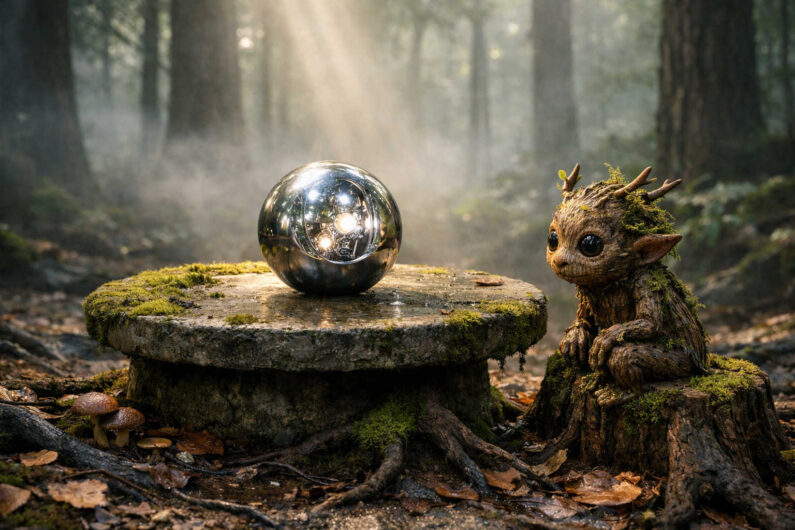 Kleines baumartiges Wesen mit großen dunklen Augen sitzt im Wald neben einem moosbewachsenen Baumstumpf. Auf dem runden Steintisch davor liegt eine spiegelnde Metallkugel mit sichtbarer Technik im Inneren. Sonnenstrahlen fallen durch hohe Bäume auf den Waldboden voller Wurzeln und Blätter. Die Szene verbindet märchenhafte Natur mit futuristischen Elementen.