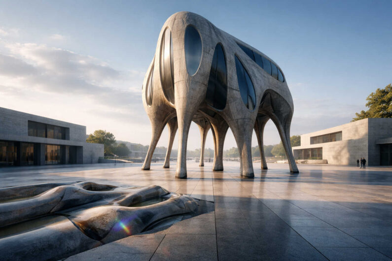 Ein futuristisches Gebäude auf langen organischen Stelzen steht mitten auf einem weiten Platz zwischen modernen kubischen Bauwerken. Die Architektur erinnert zugleich an ein Tier, ein Raumschiff und eine Skulptur. Große ovale Fenster spiegeln den Himmel im warmen Morgenlicht. Die Szene verbindet futuristische Klarheit mit biomorpher Fantasie.