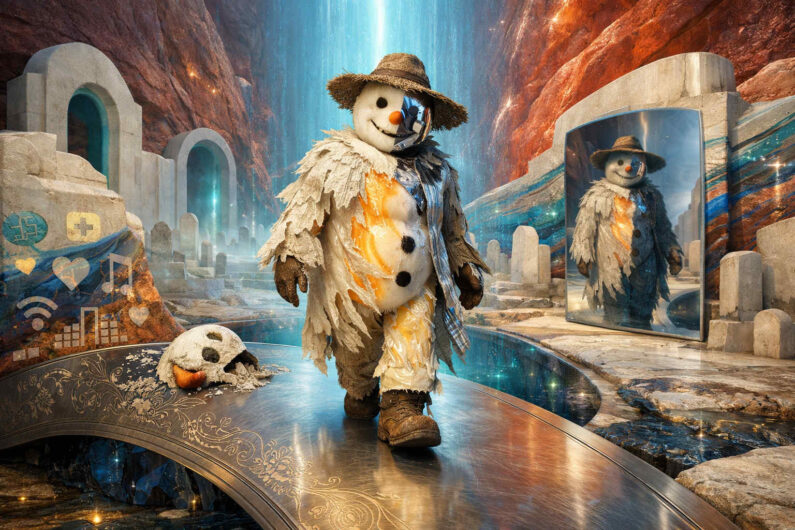 Eine halb geschmolzene Schneemannfigur mit Strohhut läuft über einen glänzenden Steg durch eine surreale Schluchtlandschaft. Neben ihm steht ein großer Spiegel, in dem seine Gestalt erneut erscheint. Im Hintergrund fließt ein leuchtender Wasserfall zwischen steinernen Bögen und Grabsteinen. Symbole und zerbrochene Fragmente verstärken die traumartige und melancholische Stimmung.