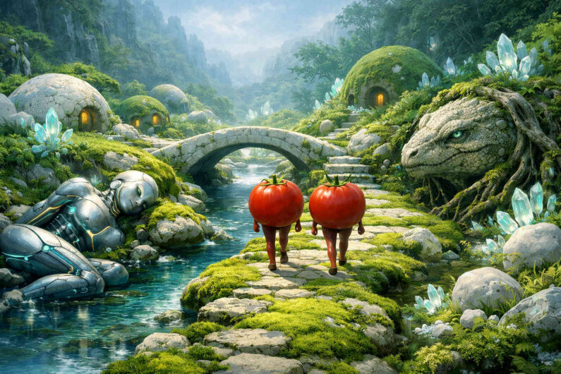 Zwei kleine Figuren mit riesigen Tomatenköpfen gehen über einen moosigen Steinpfad durch ein fantastisches Tal. Neben dem Fluss liegt ein schlafender humanoider Roboter zwischen Kristallen und Felsen. Rechts blickt ein riesiger reptilienartiger Kopf aus einer bewachsenen Wand hervor. Die helle Szene wirkt verspielt, surreal und wie aus einem Traumreich.