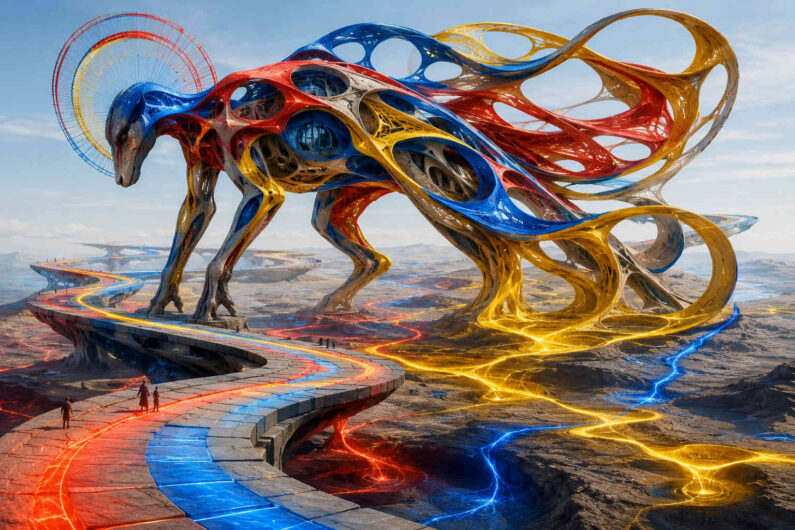 Eine monumentale tierähnliche Skulptur aus roten, blauen und goldenen Netzstrukturen steht über einer weiten Landschaft. Ihre Form erinnert an ein lebendes Wesen aus Architektur, Energie und organischem Gewebe zugleich. Leuchtende Farblinien ziehen sich wie Flüsse durch den Boden und verbinden die Landschaft mit der Figur. Eine geschwungene Brücke führt direkt auf das gigantische Wesen zu, während kleine Menschenfiguren dessen Größe betonen. Das Bild wirkt dynamisch, futuristisch und wie ein Symbol kosmischer Bewegung.