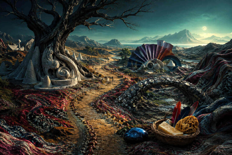 Eine melancholische Fantasielandschaft mit dunklen Bergen und verwitterten Wegen breitet sich unter einem grünlich schimmernden Nachthimmel aus. Ein riesiger alter Baum mit verdrehten Wurzeln dominiert die linke Seite der Szene. Organische spiralförmige Strukturen und bizarre Architekturfragmente liegen verstreut entlang eines schmalen Pfades. Im Vordergrund steht ein Korb mit Schwämmen, Federn und anderen rätselhaften Objekten auf dunklem Gestein. Die Landschaft wirkt trocken, archaisch und geheimnisvoll, zugleich aber reich an kleinen surrealen Details. Mondlicht und ferne Berge verleihen dem Bild eine stille epische Tiefe.